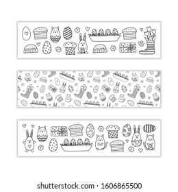 Horizontal banners with cute outline doodle Easter icons. Used clipping mask.