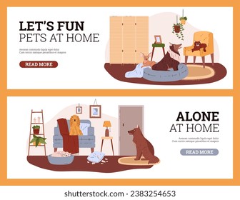 Horizontal banners with cute pets at home, vector templates. House animals in home interiors. Living rooms on cards with cats and dogs. Cozy flyers drawn in a simple flat cartoon style.