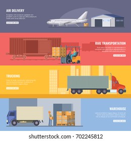 Horizontal banners of delivery or logistics services. Trucking industry. Fast transportation. Vector illustrations in cartoon style. Rail and air delivery, transportation cargo banner