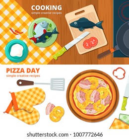 Horizontal banners with different illustrations of kitchen tools. Cooking pizza banner, delicious food on kitchen tablecloth vector