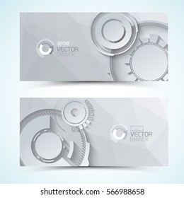 Horizontal banners with digital transparent gears of various size on textured grey background isolated vector illustration
