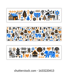 Horizontal banners with doodle animals, trees, houses, flowers, mushrooms and Nordic ornaments in Scandinavian folk art style on white background.