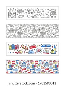 Horizontal banners with doodle Austria icons including Vienna Cathedral, train, chalet house, church, Alpine mountains, cow, schnitzel, strudel, etc isolated on white background.