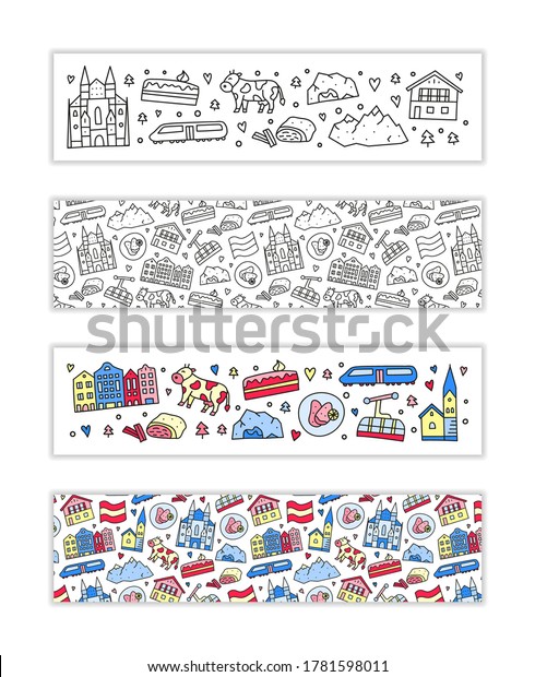 Horizontal\
banners with doodle Austria icons including Vienna Cathedral,\
train, chalet house, church, Alpine mountains, cow, schnitzel,\
strudel, etc isolated on white\
background.