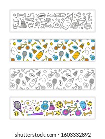 Horizontal banners with doodle colored sport items, equipment. Used clipping mask.