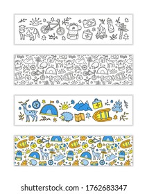 Horizontal banners with doodle eco tourism icons including deer, camera, bicycle, sun, backpack, first aid kit, mountains, tent, cow, hedgehog, compass, boat. Used clipping mask.