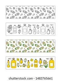 Horizontal banners with doodle outline, colored canola or rapeseed oil and flowers.