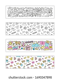 Horizontal banners with doodle Switzerland travel icons including cheese, chocolate, cable car, train, cow, Alpine mountains, house chalet, fondue, alphorn, wine, milk, etc. Used clipping mask.