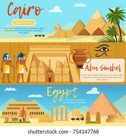 Horizontal banners of egypt landscape. Vector pictures set in cartoon style. Africa vacation and travel, egypt tourism poster illustration