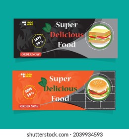 Horizontal banners with fast food design. Snacks, sandwiches,  rolls. Vector illustration in flat style, colorful.