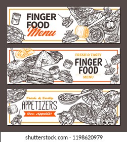 Horizontal banners with finger food design. Snacks, appetizers, mini canapes, sandwiches, seafood, hamburger, rolls. Vector illustration in monochrome hand drawn sketch style