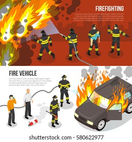 Horizontal banners with fire department fighting with flame in city and near burning car isolated vector illustration 