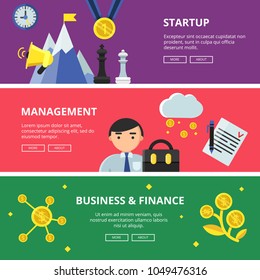 Horizontal banners with flat illustrations of business theme. Vector business finance organization, development and management, investment and startup idea