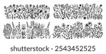 Horizontal  banners or floral backdrop decorated with gorgeous  blooming flowers and leaves borders. Summer botanical doodle vector illustration on white background