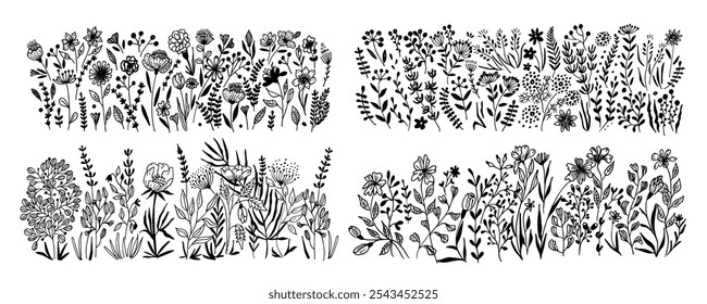 Horizontal  banners or floral backdrop decorated with gorgeous  blooming flowers and leaves borders. Summer botanical doodle vector illustration on white background