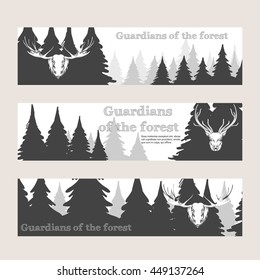 Horizontal banners with forest silhouette deer and elk. Vector illustration