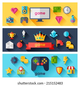 Horizontal banners with game icons in flat design style.