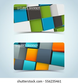 Horizontal banners with geometric logo and bright pattern from 3d cubes isolated vector illustration