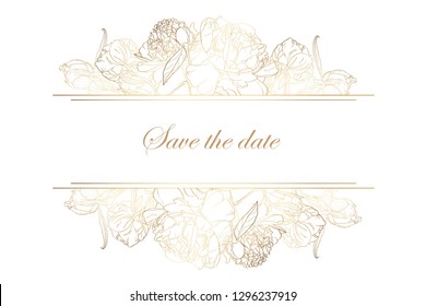 Horizontal banners with golden peonies roses flowers. Romantic design for women products. Can be used as greeting card or wedding invitation. 