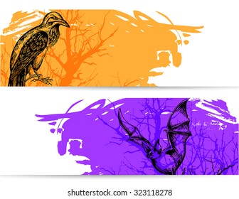 Horizontal banners for Halloween with raven and vampire bat