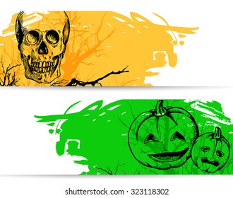 Horizontal banners for Halloween with skull and pumpkins