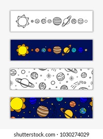 Horizontal banners with hand drawn colorful planets and stars of the Solar System. Used clipping mask.