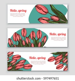 Horizontal banners with hand drawn tulips flowers. Vector illustration. Spring is coming concept. Womens Day greeting card design