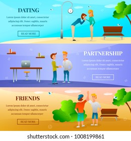Horizontal banners with human characters with gestures during dating, friends meeting, greeting of partners isolated vector illustration