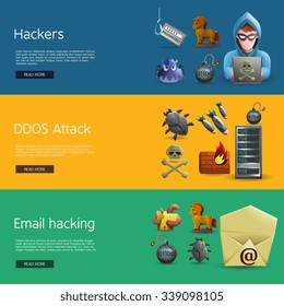 Horizontal  banners with icons of hacker activity and DDOS attacks  on computer systems  and e-mail hacking vector illustration