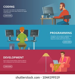 Horizontal banners with illustrations of designers and programmers. Vector programmer man with computer in office vector