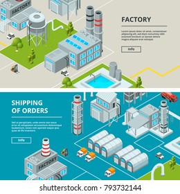 Horizontal banners with industrial buildings. Isometric factory. Factory isometric industry building, industrial, manufacture and storage illustration vector