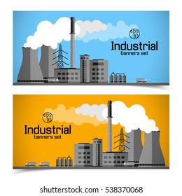 Horizontal banners with industrial enterprise white clouds of smoke power lines and trucks isolated vector illustration