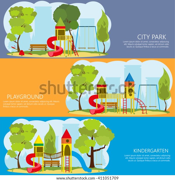 horizontal banners with information about the\
playground outdoors. vector. a children\'s playground in the park.\
colorful banner for a children\'s\
playground.