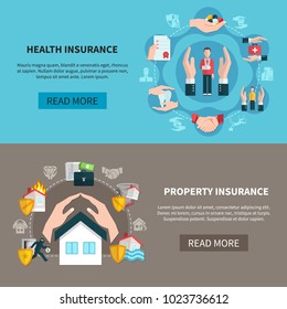 Horizontal banners with insurance of medical care and property against fire, theft and flood isolated vector illustration  