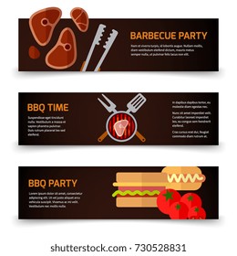 Horizontal banners for Internet and web. BBQ, burgers and grill tongs on black background. Vector illustration