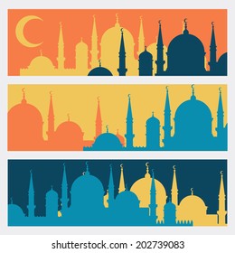 Horizontal banners with Islamic mosques in flat design style.