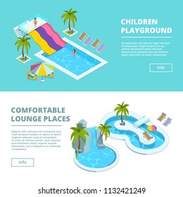 Horizontal banners with isometric pictures of water park and kids playgrounds. Vector aqua area with swimming pool and chaise, banner kid playground water illustration