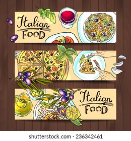 horizontal banners Italian food - pizza, pasta, risotto in the wood texture