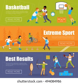 Banderoles horizontales d'enfants jouant au basket et au baseball faisant du sport extrême et du tir à l'arc pour de meilleurs résultats illustration vectorielle