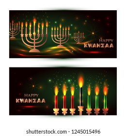 Horizontal Banners for Kwanzaa with traditional colored and candles representing the Seven Principles or Nguzo Saba .