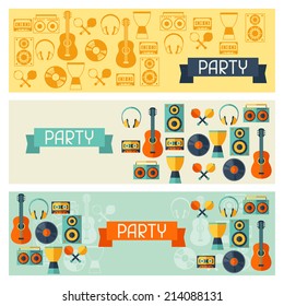 Horizontal banners with musical instruments in flat style.