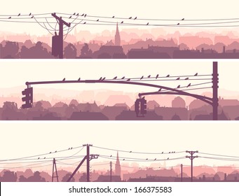 Horizontal banners of old historic European city with birds on power line in pale pink tone.