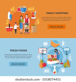 Horizontal banners on blue orange background with family shopping in supermarket and fresh foods isolated vector illustration 