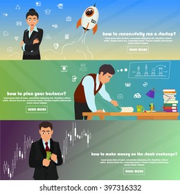 horizontal banners on the theme: business, investment, start-up, management, start-up projects, strategy and planning, forex, exchange, make money.  