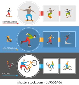 Horizontal  banners on theme extreme city sports with rollers cyclists skateboarders icons set vector illustration
