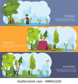 horizontal banners on the theme of man's recreation: hunting, fishing, hiking, camping. vector