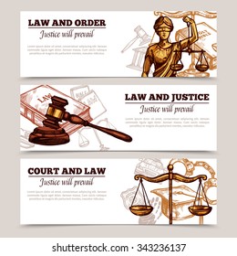  Horizontal banners on theme of rule of law with figure of Themis scales and hammer vector illustration    