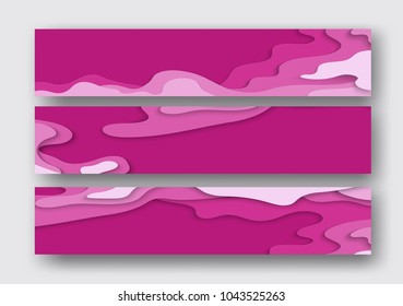 Horizontal banners. Paper cut design with 3D abstract background for flyers, tickets, posters, presentations, invitations. Shades of pink for japanese hanami - days of sakura blossom. Carving art.