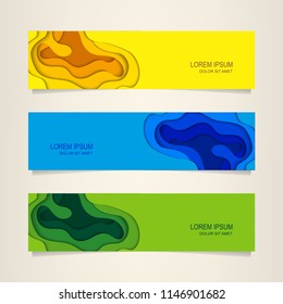 Horizontal banners with paper cut shapes. Modern vector design layout 