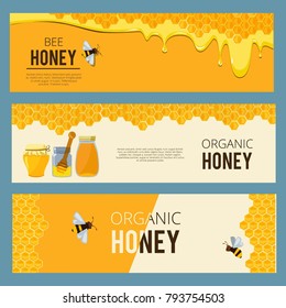 Horizontal banners with pictures set of apiary. Honey, waxing bee and beehive. Poster honey and apiary, beehive and dessert nutrition, vector illustration